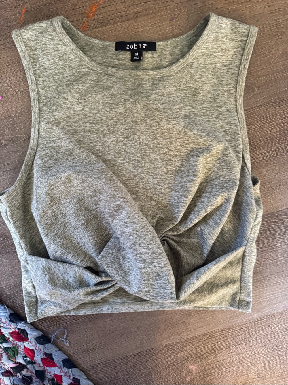 Zobha Olive Gray Twist-Front Crop Tank